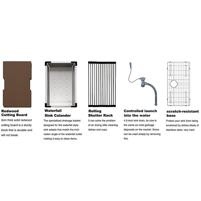 Évier de cuisine Waterfall Smart 32 po, station de travail encastrée, cuve simple en acier inoxydable 16 jauges avec robinet rétractable, laveuse à tasses, passoire, planche à découper, évier multifonction 31,5 po x 17,7 po x 9 po noir