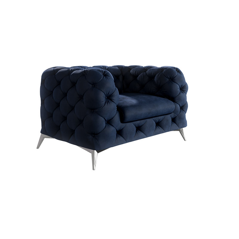 Chesterfield Armchair  with Silver Metal Legs, Navy Blue