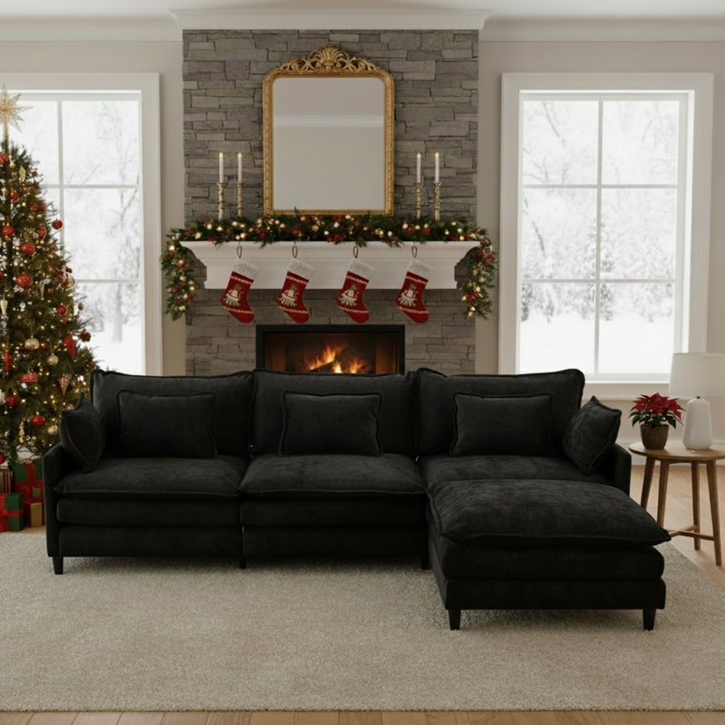 4-Piece 110.6" Chenille Modular Upholstered Sectional Sofa Deep Seat Cloud Couch With Ottoman, Black Chenille