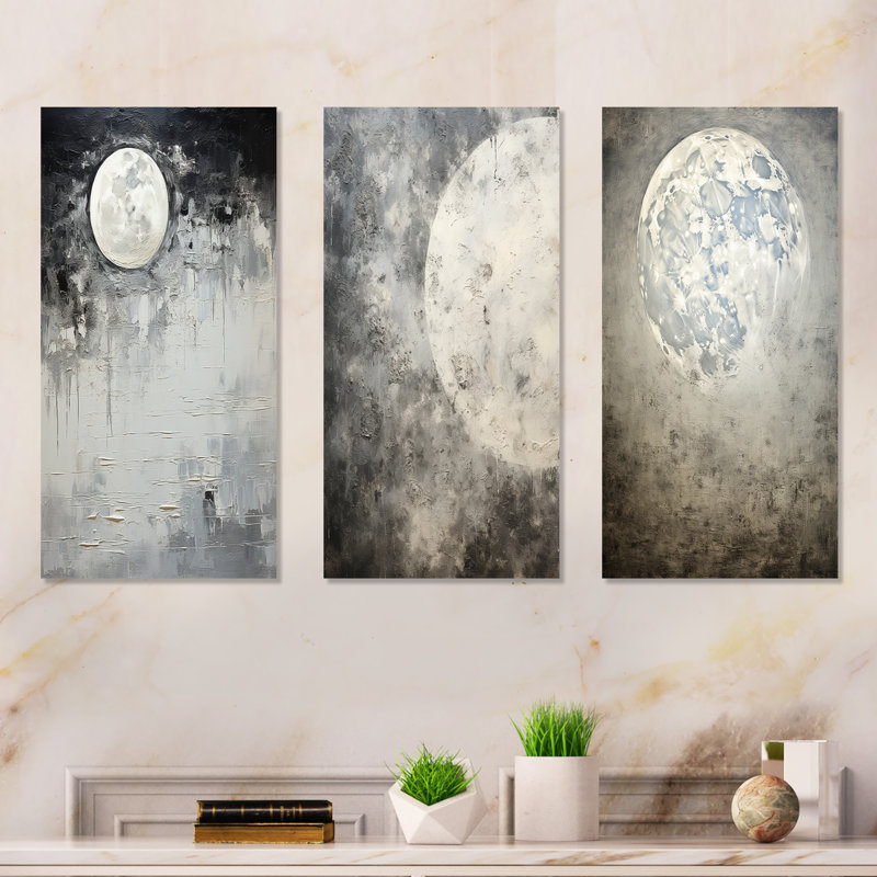 Minimalisme gris lune surface I - Tachisme ensemble de 3 décorations murales, H 28 po x l 36 po, Toile tendue