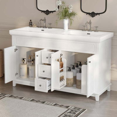 Bathroom Vanity With Resin Double Sinks, 3 Drawers & 4 Doors(2 With Double-Layer Shelves), Solid Wood Legs, All Soft-Close