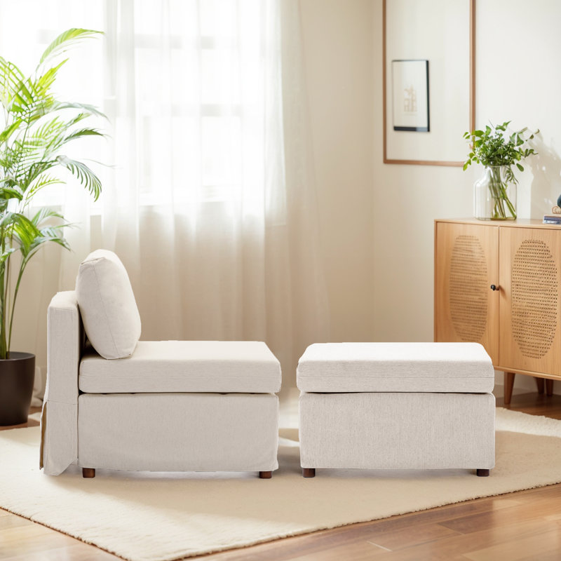 Chaise d'appoint rembourrée sans accoudoirs avec repose-pieds, Polyester crème