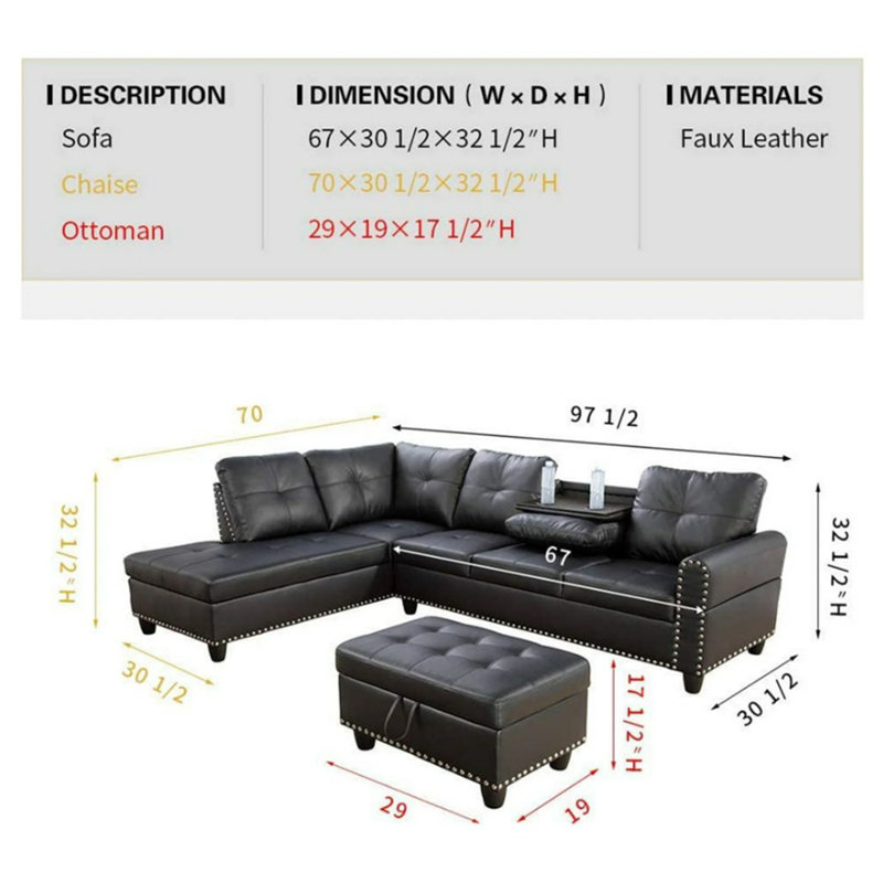 3-piece Faux Leather L-shape Leather Sectional Sofa, Black White Faux Leather, Left Hand Facing
