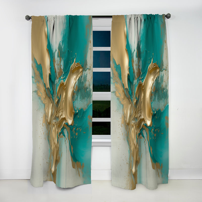 Or et turquoise marbré fluide encre II - rideau en velours moderne - obscurcissant - 1 panneau, L 52 po x L 90 po