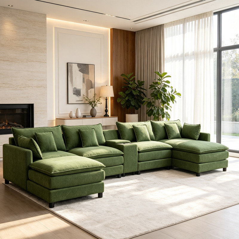 Canapé modulaire en chenille de 142 pièces de 142,5 po avec console, rangement et ports USB, Green Chenille