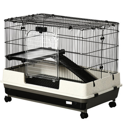 26" Small Animal Cage With Wheels - 2-Level Portable Chinchilla . Deep Base And Removable Tray. Wear- Metal. 31.5''L X 20.75''W 26''H. White + Black For Rabbits, Ferrets, Chinchillas. Tray, Platform,