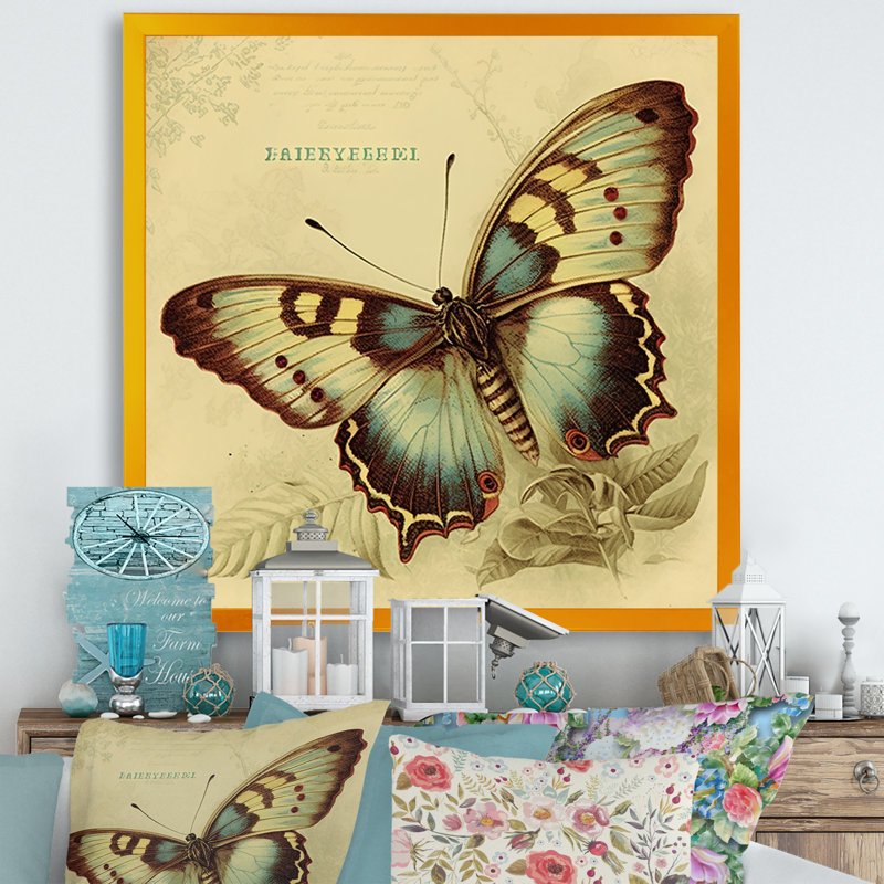 «Ariahana Vintage Illustration Of Butterfly V», reproduction sur toile, Impression dorée sur toile encadrée