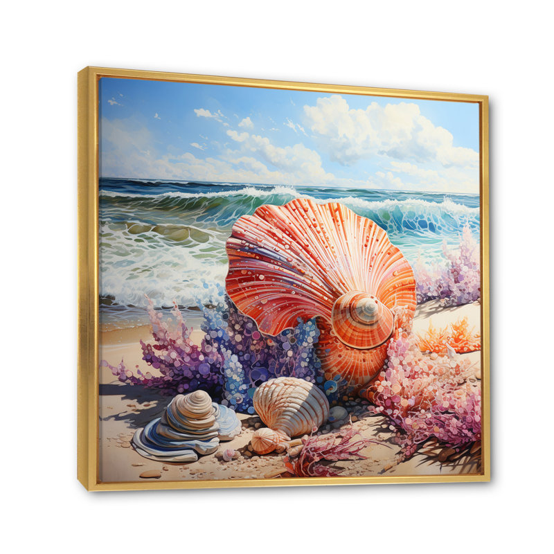 " Beach Seashell Symphony Pointillism ", Gold Floater Framed, 30" H x 30" W x 1" D