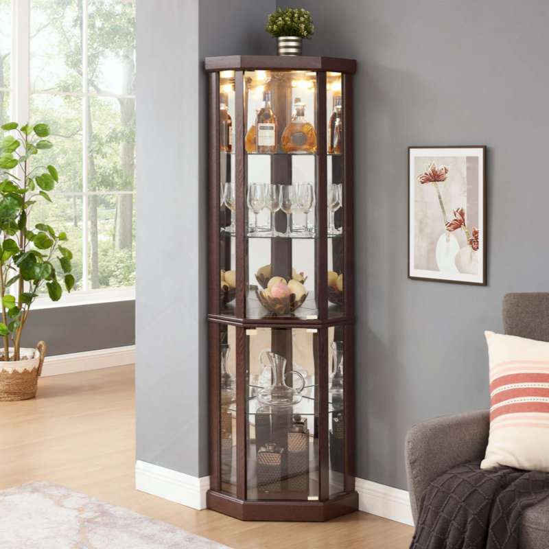 Lighted Corner Curio Cabinet - Elegant Glass Display Case For Living Room & Bar Storage - Perfect For Antique Collections & Wine - Includes Built-In Lighting
