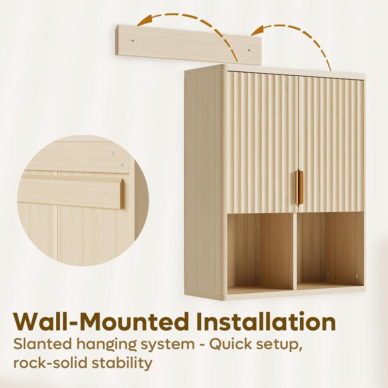 Armoire de salle de bain murale cannelée - Rangement au-dessus de la toilette avec tablette réglable, chêne naturel