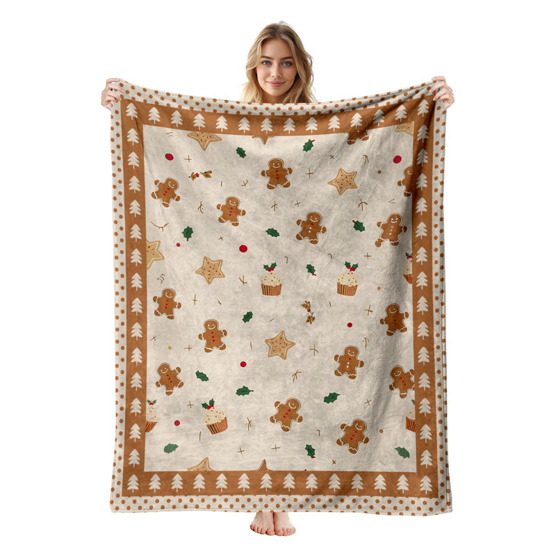 Plaid en flanelle polaire JYK pour Noël, léger, respirant, doux et chaud en microfibre pelucheuse, 127 x 152 cm, bordure cupcakes en pain d'épices