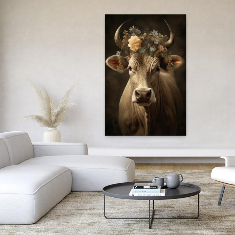 Vache avec couronne florale, art abstrait rétro, fleur de vache, nature, H 60 po x l 40 po