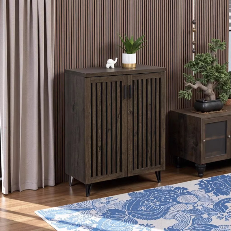 Clackamas Smoked Oak 2-Door Freestanding Storage Cabinet with Adjustable Shelves - Mid-Century Modern Engineered Wood Shoe Organizer for Entryway Living Room