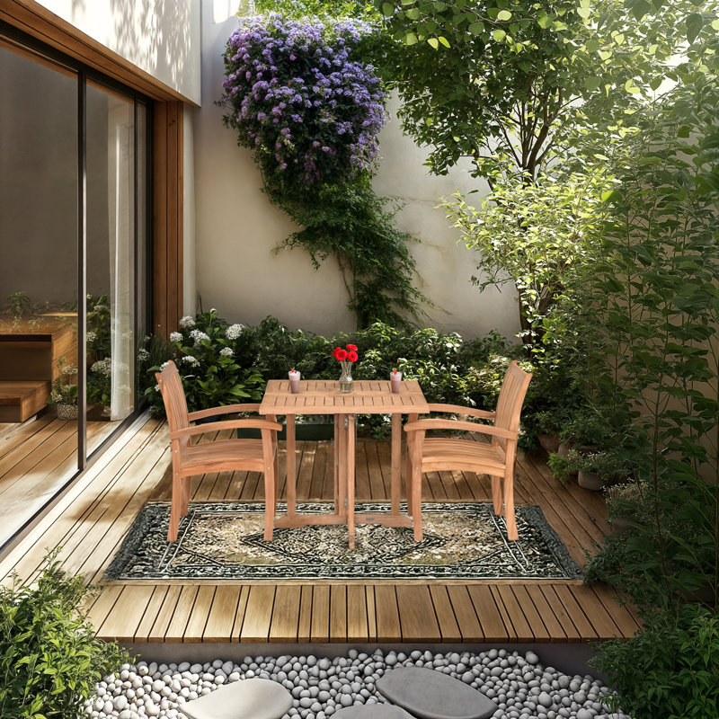 3 Piece Teak Wood Dining Set Including 35" Square Hatteras Folding Table With 2 Abacho Arm Chairs