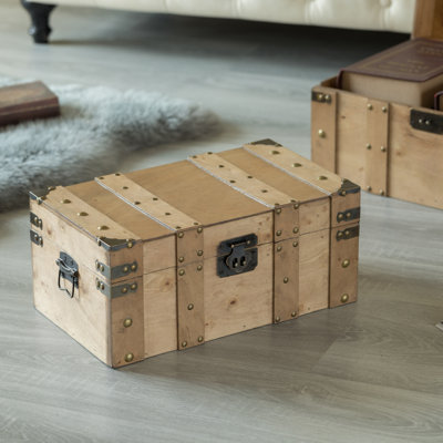 Coffre en bois naturel avec poignées, grand