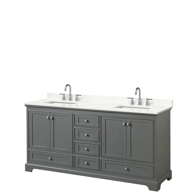 Meuble-lavabo double autoportant Deborah avec plateau en quartz, Quartz Giotto, Gris foncé, Chrome poli