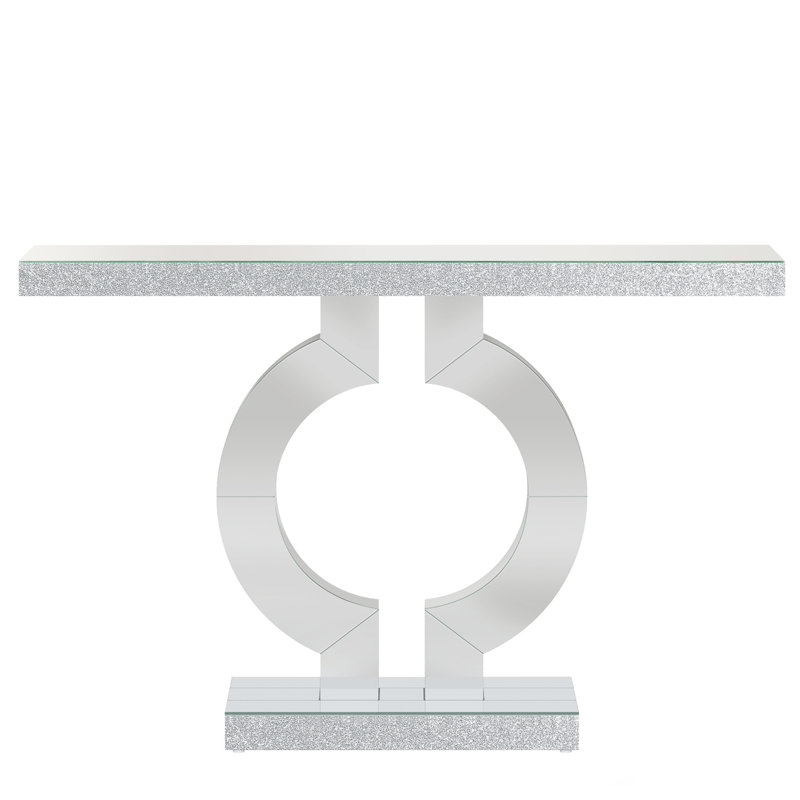 Console à miroir moderne de 43 po avec base en forme de O, table d'entrée en verre argenté pour le salon, le couloir ou le vestibule - Table d'appoint contemporaine avec placage de diamant en acrylique