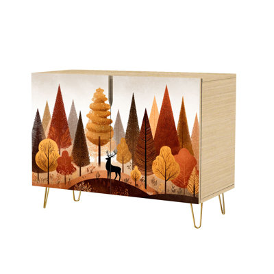 Buffet avec rangement et bois de cerf orange et coucher de soleil orangé posant une colline avec 2 portes pour le salon et la cuisine