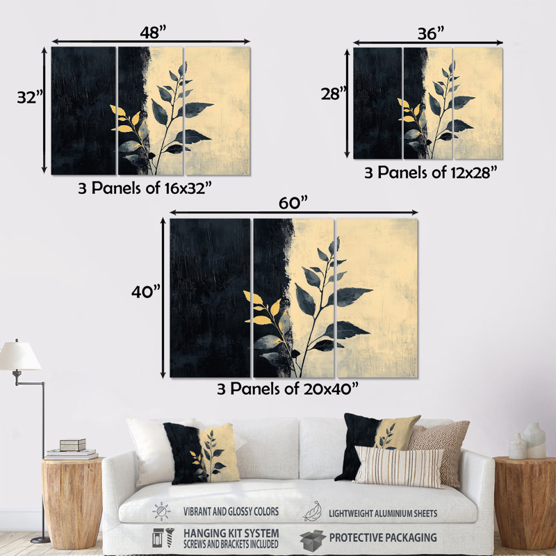 Black and Beige Herbs Elegance - Ensemble de décorations murales Herbes florales, Métal métal, H 40 po x l 60 po x P 1 po