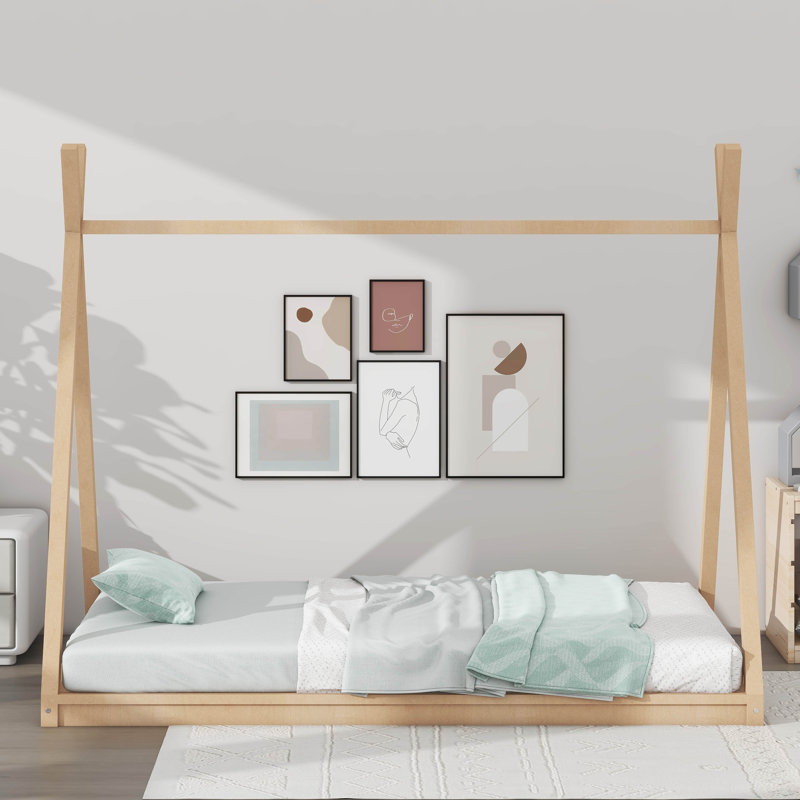 Twin Size Tent Shape Floor Bed Frame, Natural