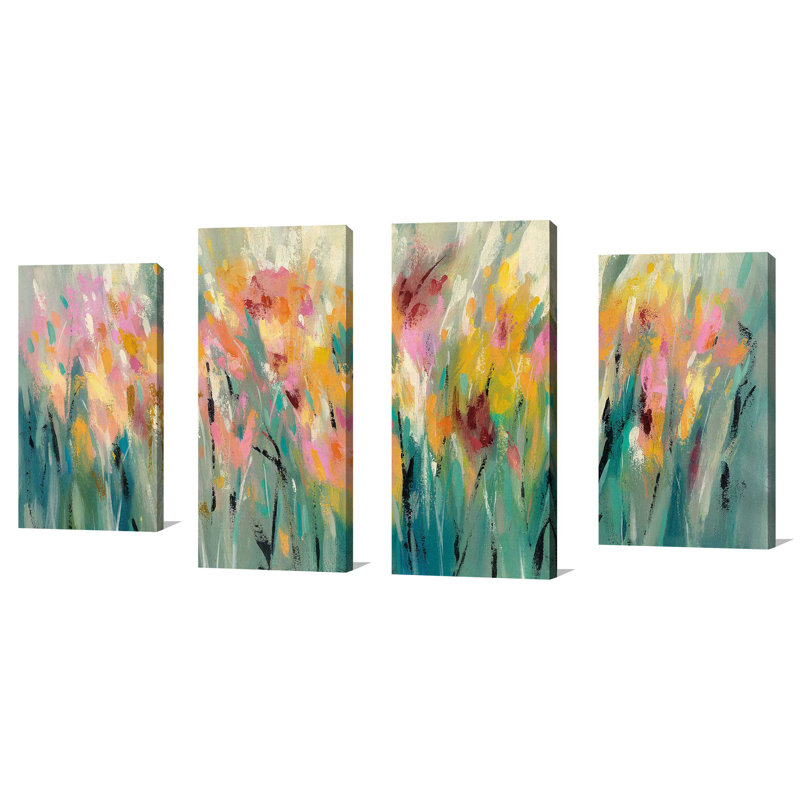 «Summer Garden Joy» par Silvia Vassileva, ensemble de 4 peintures sur toile tendue, H 38 po x l 72 po x P 1,5 po