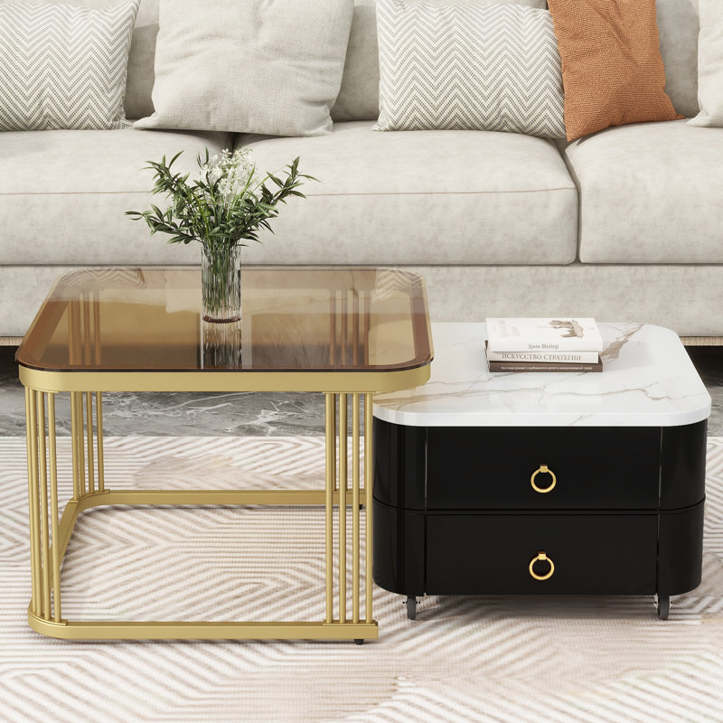 2-in-1 Square Nesting Coffee Table with Wheels & Drawers, Stackable Side Table with High Gloss Marble Grain Top, End Table Set with Brown Tempered Glass for Living Room, 