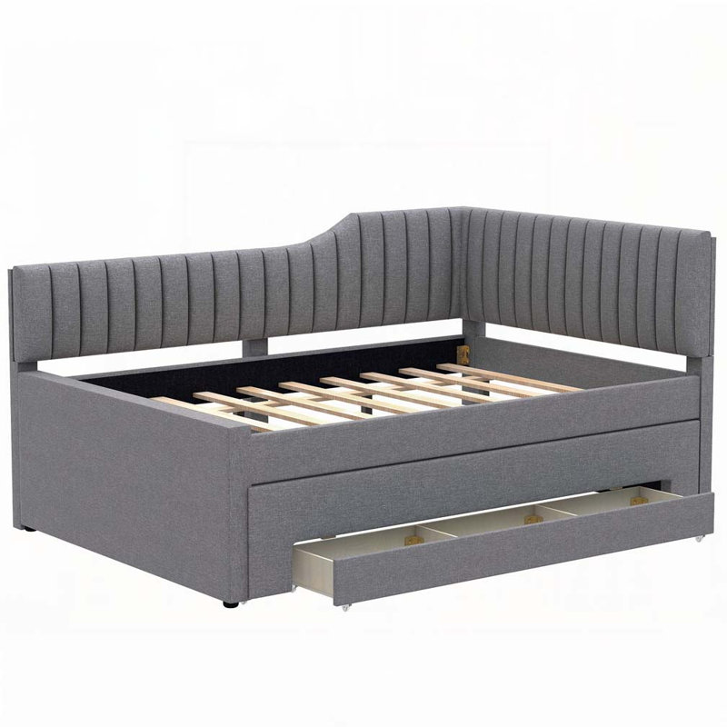 Upholstered Daybed with Trundle and Three Drawers, Full/Double, Gray