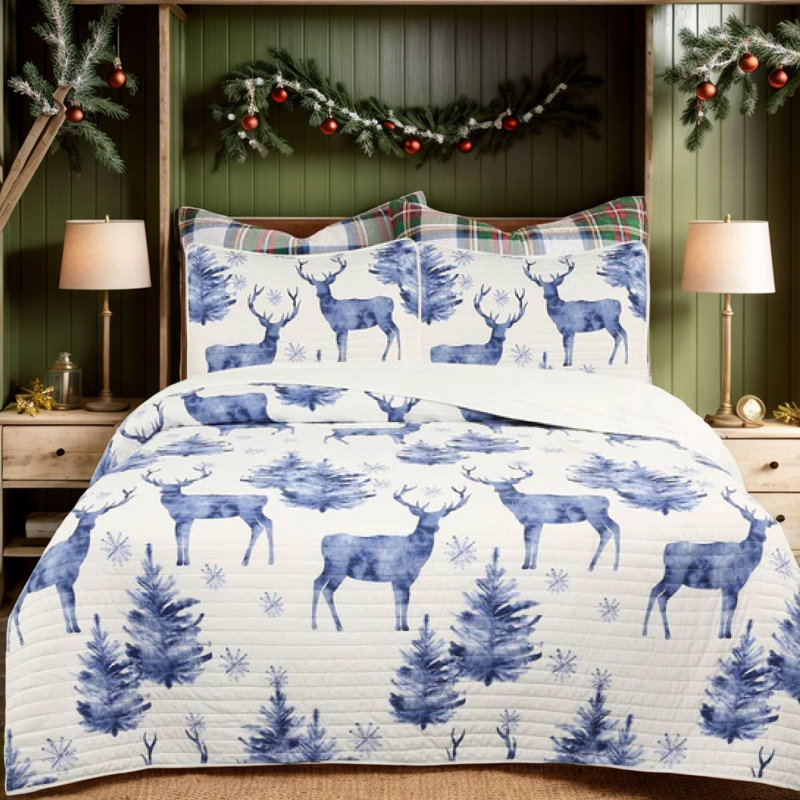 Marcielo Lightweight All Season Reversible Comforter Quilt Set with Shams, Blue/White, King Quilt + 2 Shams
