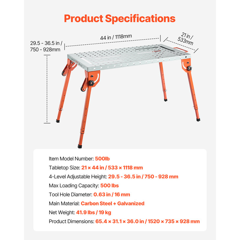Welding Table 44" x 21" 500LBS Folding Workbench with 4-Level Adjustable Height