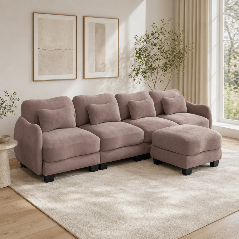 Canapé surdimensionné en L en chenille 4 places Rosman avec repose-pieds mobile, coussins lombaires, sièges profonds et accoudoirs courbés Rosman