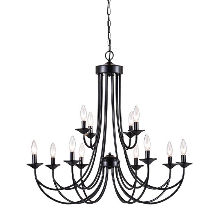 Estelle 12 - Light 32"W Candle Style Classic Chandelier with Wrought Black Iron Accents for Dining Room or Living Room
