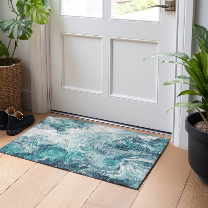 Tapis bleu sarcelle lavable à la machine intérieur / extérieur Cinead ACN1687, Rectangle 1 pi 8 po x 2 pi 6 po