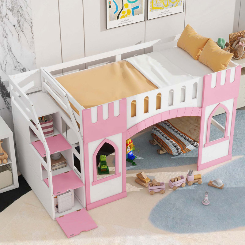 Loft Bed with Storage Staircase and Window, White/Pink