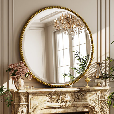 Beaded Round Wall Mirror Decorative Vanity Bathroom Mirror With Resin Frame