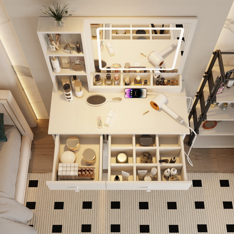 Bureau de meuble-lavabo durable avec éclairage réglable et beaucoup de rangement, parfait pour le maquillage et l'organisation dans n'importe quelle pièce