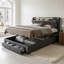 Upholstered Ottoman Bed With 2 Drawers, Storage Frame With LED Headboard & USB Ports, Dark Grey Linen-2044597554