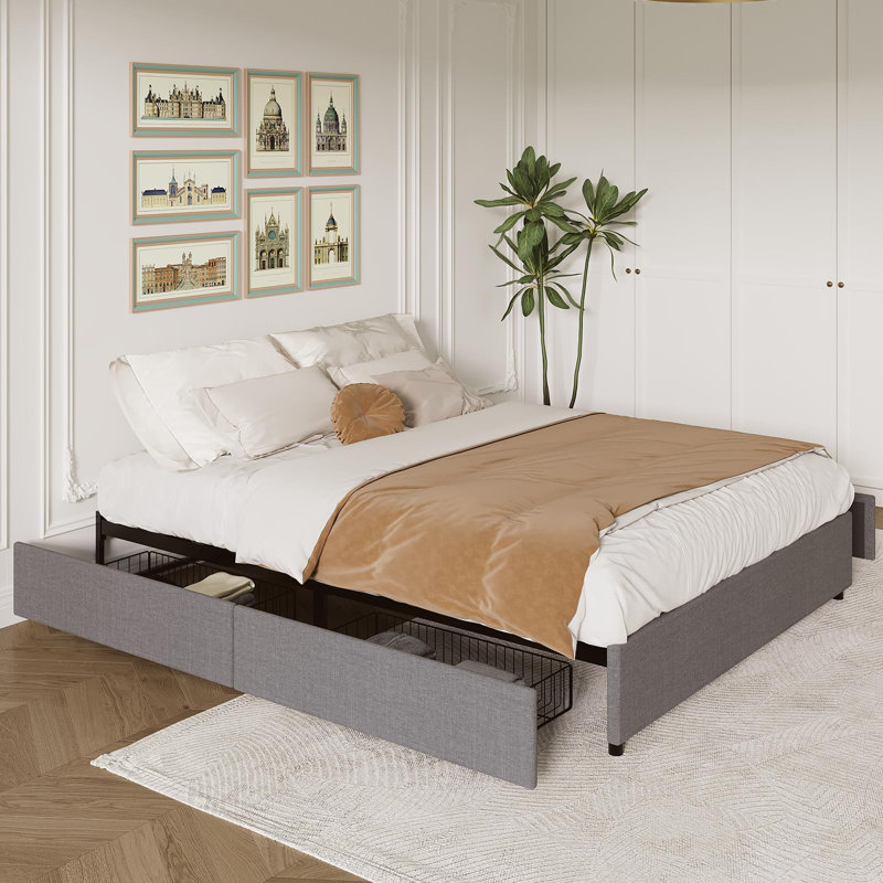 Platform Bed Frame, Fabric Upholstered with 4 Storage Drawers, No Box Spring Needed, Wooden Slats Support, Noise Free, Easy Assembly
