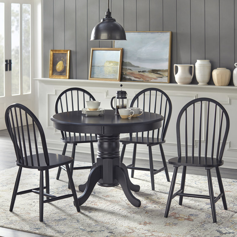 Sara Solid Wood Dining Set, 5 Pieces: Table, 4 Chairs, Black, Black