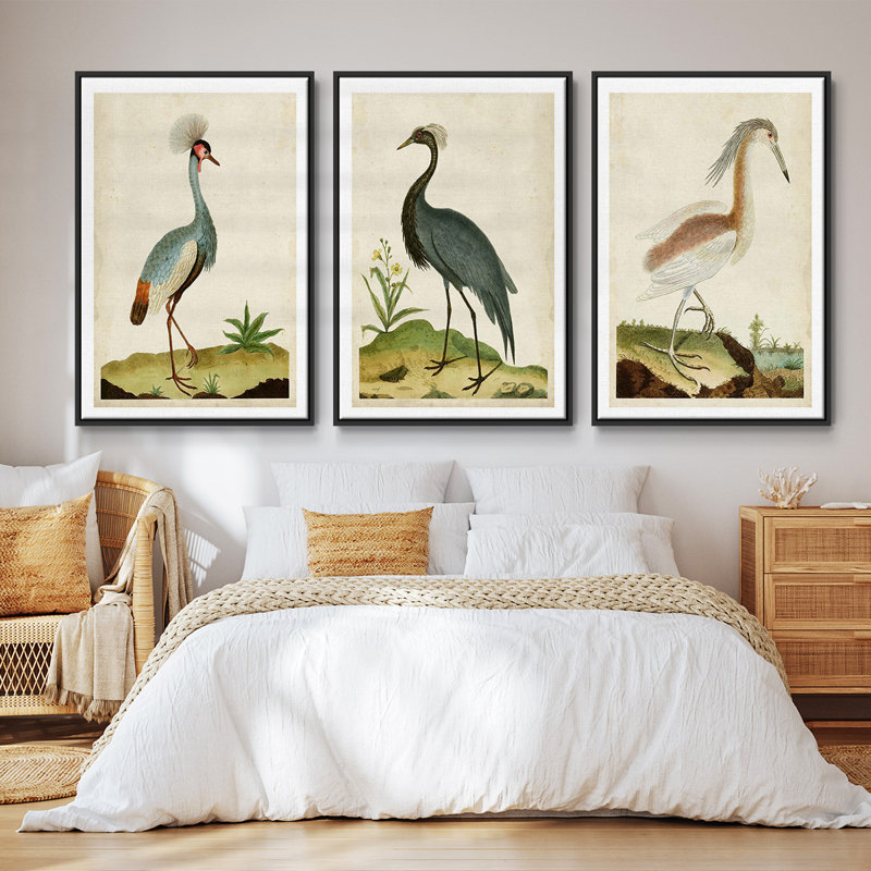 Heron Portrait I, ensemble de 3 toiles encadrées, H 40 po x l 78 po, Cadre noir