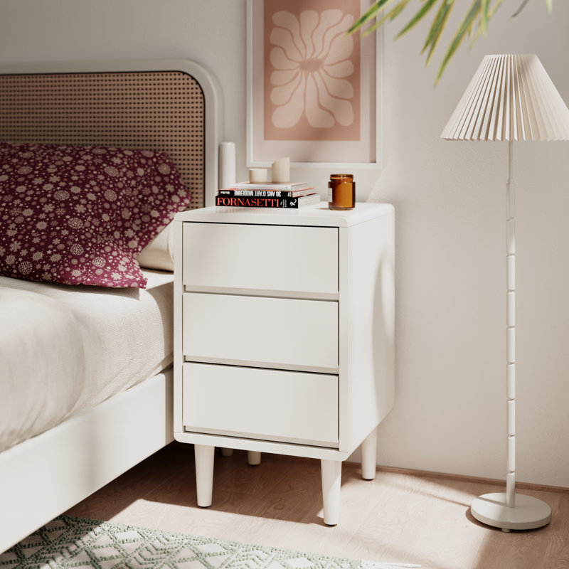Solid Wood Mid-Century Modern Nightstand, White, 25.9" H