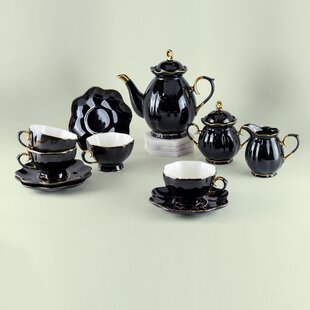 Grace Teaware Black and White Scallop Fine Porcelain 11 Piece Tea Set