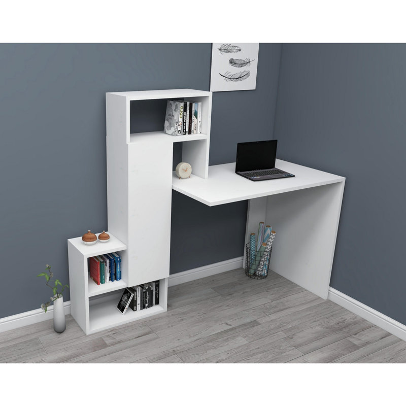 Modern Study Desk with Numerous Shelves, White Finish, 54.5 x 21.7 x 46.9 inches | 100% Melamine Coated Particle Board, Thickness: 0.7 inches | Wall-Mountable Design, Ideal for Scandinavian & School Environments