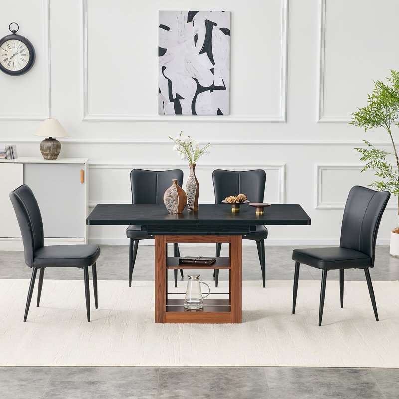 Table de salle à manger extensible et ensemble de chaises, table coulissante de 59 à 71 pouces, jumelée à 4 chaises en polyuréthane noir avec un motif à rayures verticales sur le dossier. Convient aux salles à manger, aux bureaux, etc.