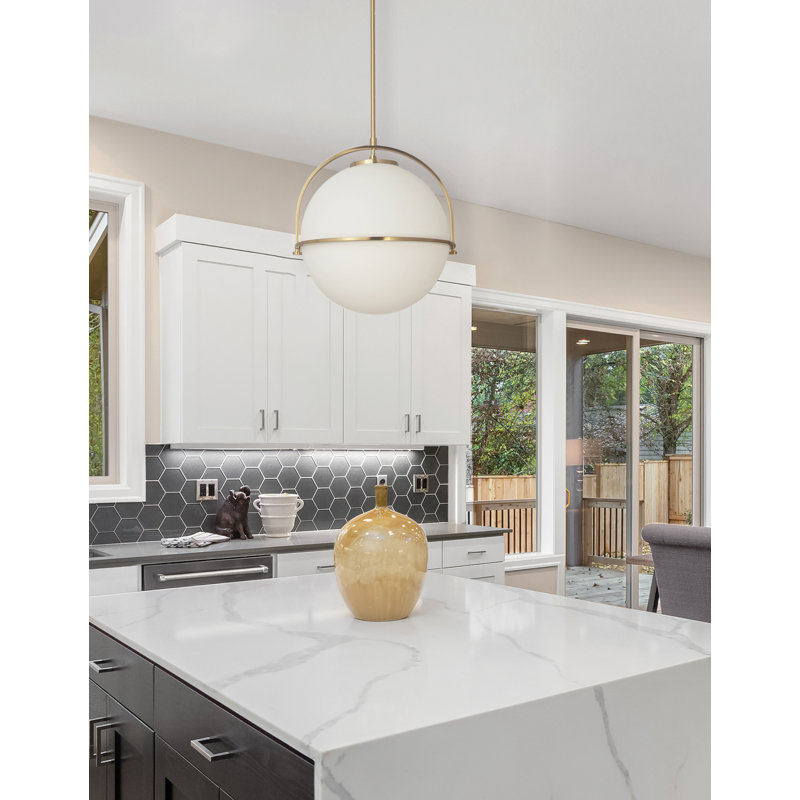 Luminaire suspendu 1 lumière Paola - Verre opale blanc, Laiton vieilli
