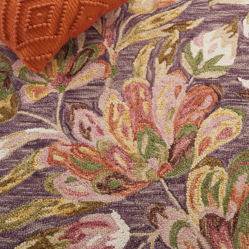 Kamarli Hand Tufted Wool/Cotton Floral Rug in Purple/Sage, Rectangle 5' x 8'