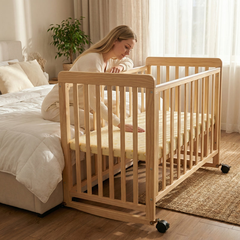 Mini lit de bébé en bois de pin massif 3-en-1 avec matelas, 3 hauteurs réglables, roulettes et lit convertible pour tout-petit