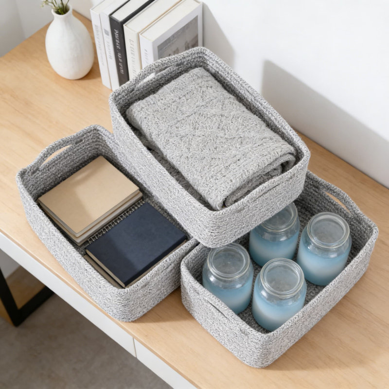 Woven Rope Storage Baskets 3-Pack, Collapsible Organizer Bins For Shelves, Closet, And Home Organization, Rectangular Decorative Baskets For Towels, Toys, And Essentials