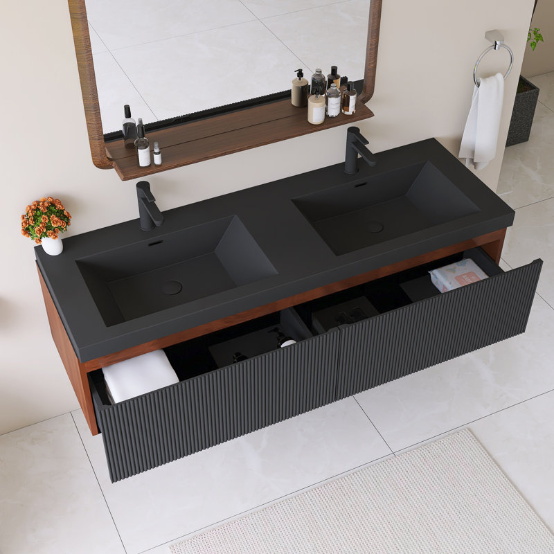Meuble-lavabo simple 60 po avec lavabo à quartz noir, 60"