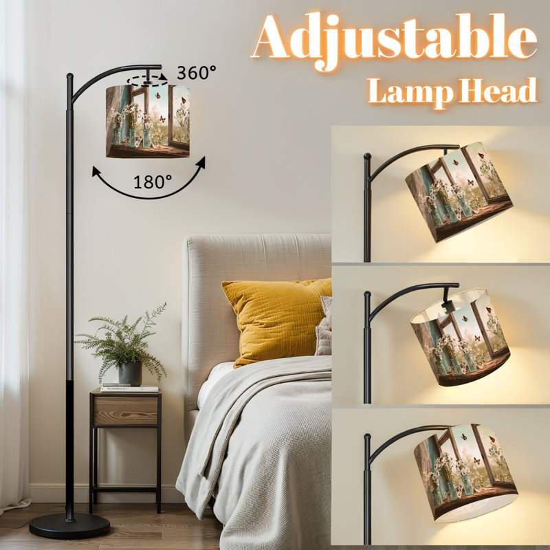 Arc Floor Lamp with Adjustable Lampshade Rustic Farmhouse Table Mason Jar Daisies Standing Lamp 3 Color Temperatures Dimmable Tall Pole Lamp with Foot Switch for Bedroom