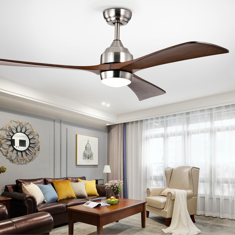 Ventilateur de plafond avec lumière et télécommande, moteur à courant continu réversible à 3 pales en bois